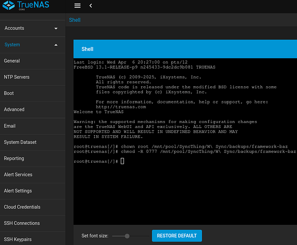 root@truenas/# chown root /mnt/pool/SyncThing/W Sync/backups/framework-baz root@truenas/# chmod -R 0777 /mnt/pool/SyncThing/W Sync/backups/framework-baz