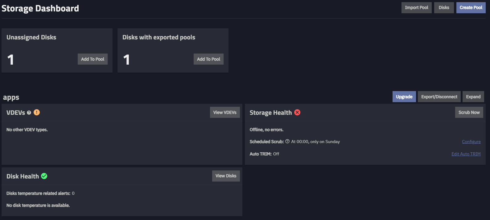 r/truenas - Storage dashboard of broken "apps" pool|750xauto